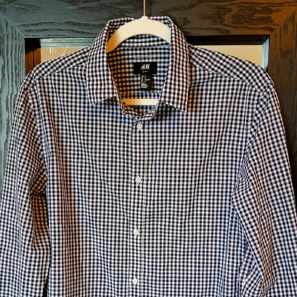 H&M Mens Shirt Button Down Navy & White Plaid Long Sleeve M